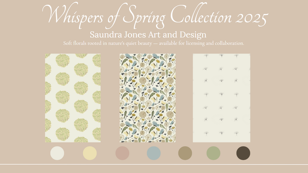 Whispers of Spring surface pattern collection cover with soft watercolor florals in sage, blush, and ivory tones.